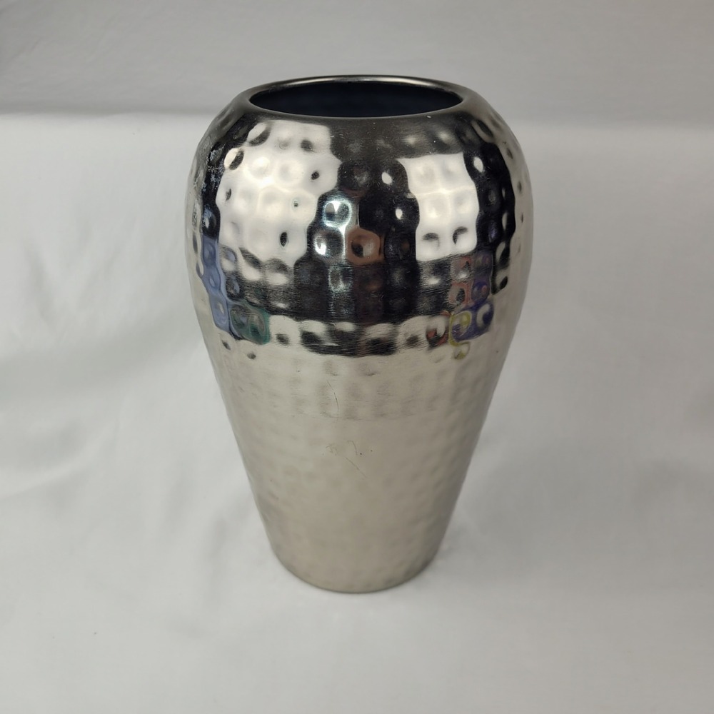 Hammered Silver Metal Vase Modern Dimpled Decorative Floral Urn